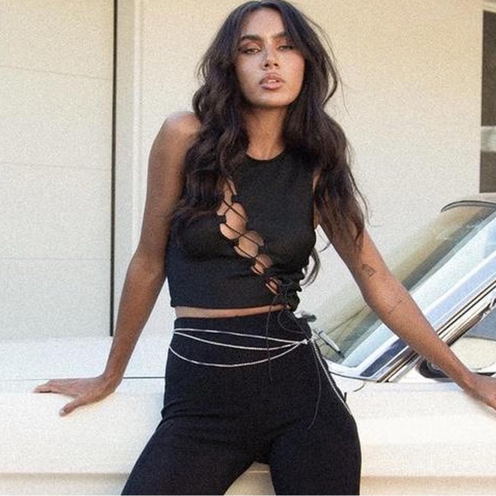 Princess Polly Tank Top Womens 8 Black Weekend Love Ribbed Lace Up Crop Tie
